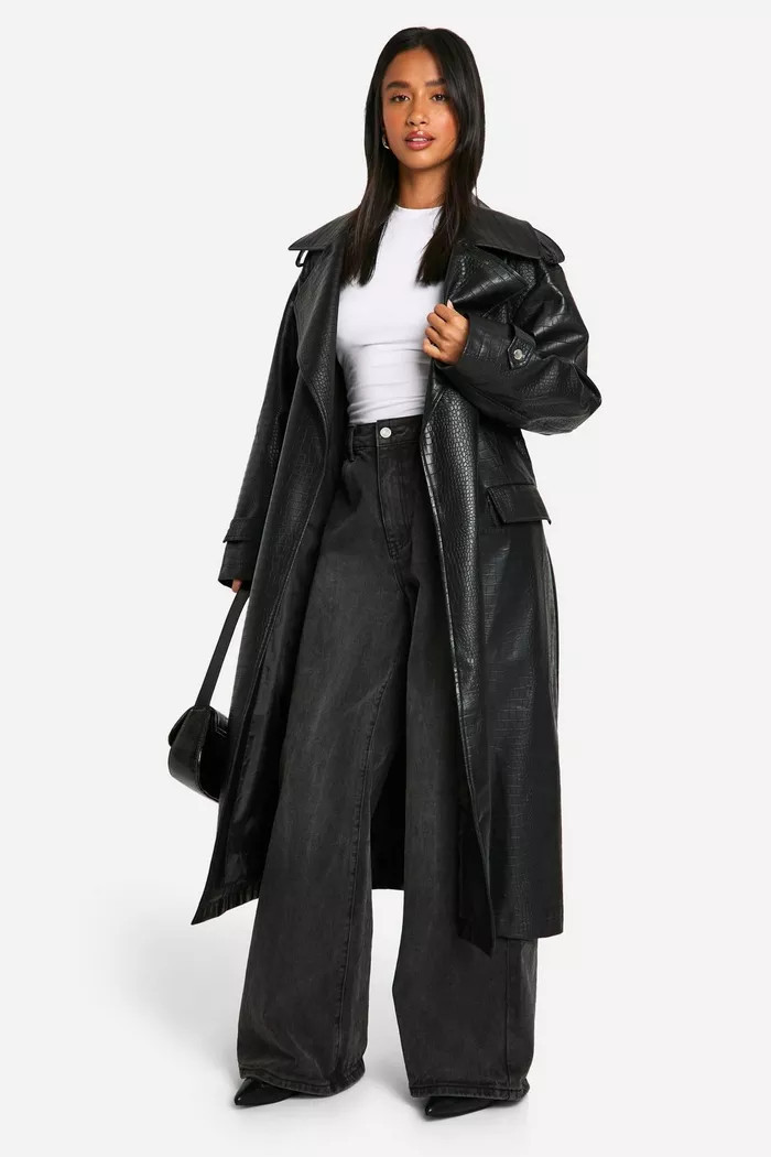 Petite Crocodile Faux Leather Trench Coat | boohoo (US & Canada)