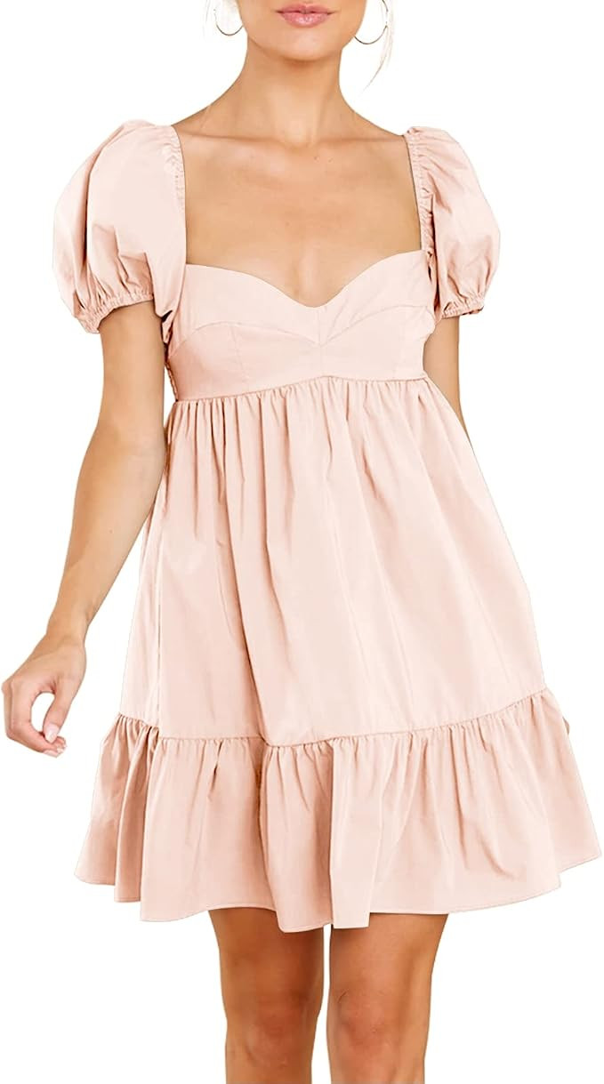 BELONGSCI Women's 2024 Summer Dress,Square & Sweetheart Neck Dress Short Puff Sleeve A-Line Casua... | Amazon (US)