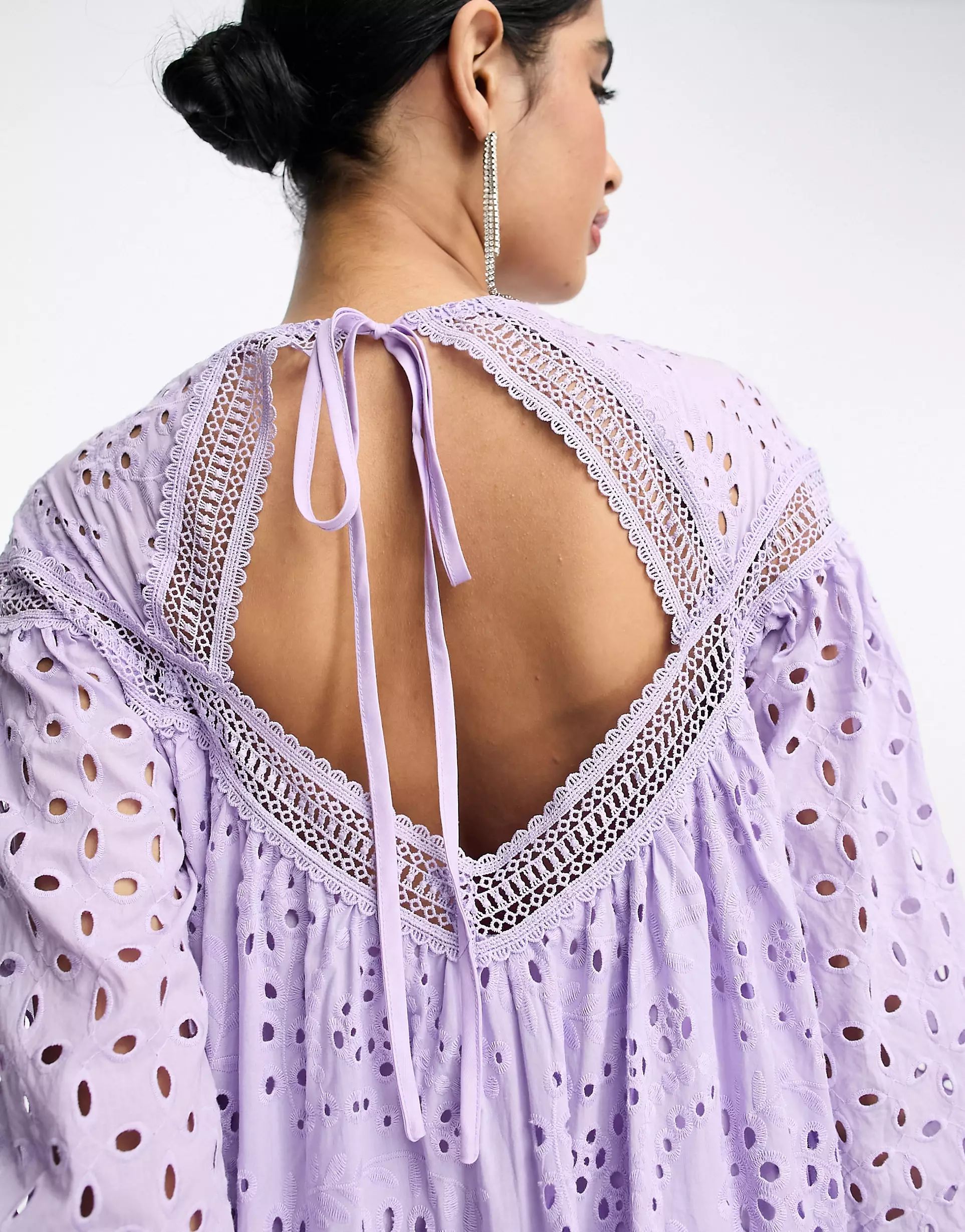 ASOS DESIGN eyelet maxi dress with lace inserts in lilac | ASOS (Global)