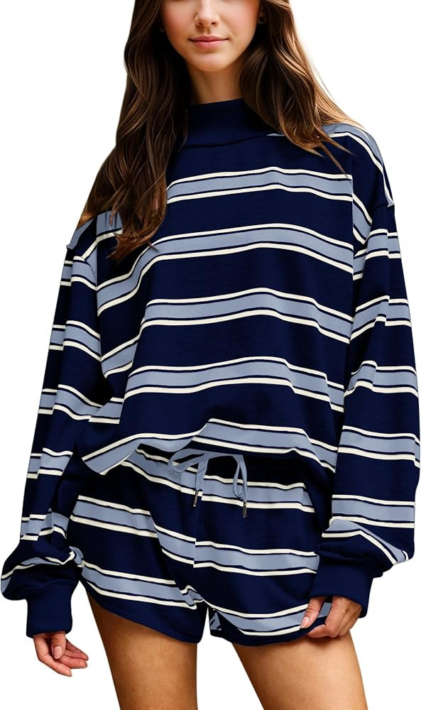 Women Striped Mock Neck Sweatshirt 2 Piece Outfits Oversized Pullover Elastic Waist Shorts Set Fa... | Amazon (US)