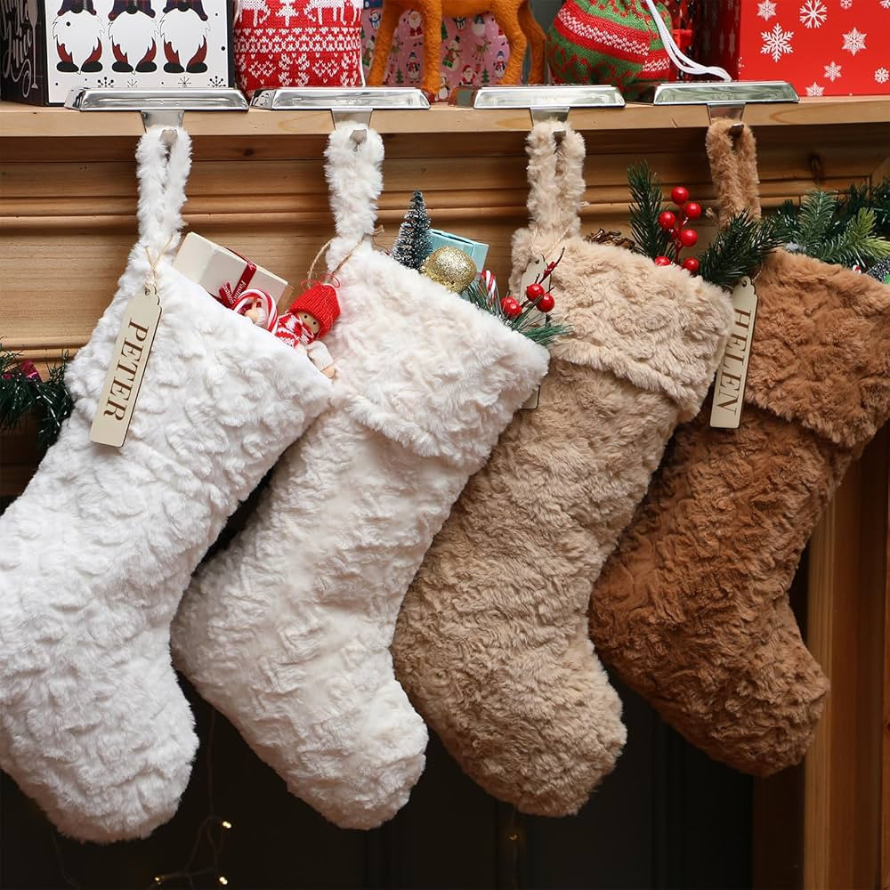4 Pcs Neutral Christmas Stockings with Name Tags Large Farmhouse Plush Fireplace Xmas Stocking Ru... | Amazon (US)