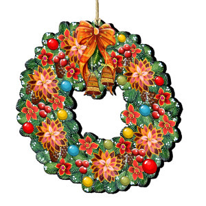 Set of 2 Christmas Wreath Flowers Wooden Ornaments 5.5 | Christmas Central
