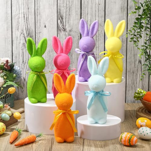 Wesiti 6 Pcs Easter Decorations Flocked Bunny Figurines with Bow Tie 8.8" Flocking Rabbit Tabletop Mantel Decoration for Easter Centerpieces for Spring Home Office Table Decor Supplies(Bright Colors) | Amazon (US)