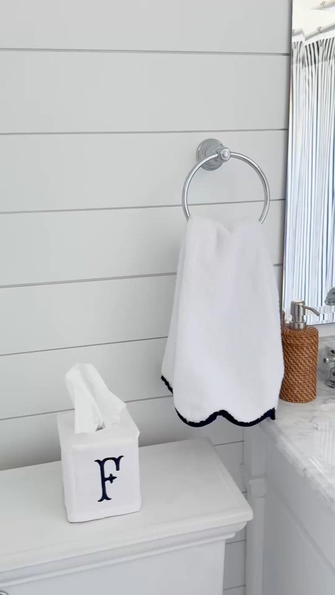 My new navy and white scallop towels in our coastal bathroom. The price is so good on these and the quality is just as good 

#LTKFindsUnder50 #LTKHome
