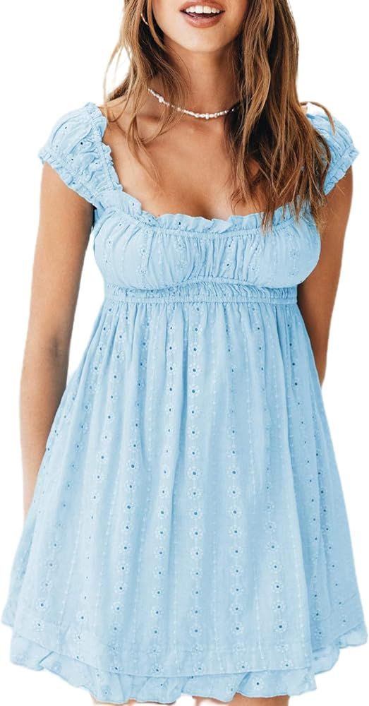 Women Eyelet Dress Ruffle Lace Strap Square Neck Frill Bust High Waist Babydoll Short Dress A-Lin... | Amazon (US)