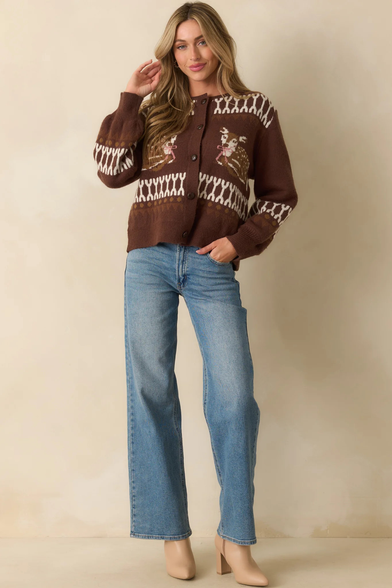 Doe Eyes Brown Deer Multi Print Crewneck Button Up Cardigan | Red Dress