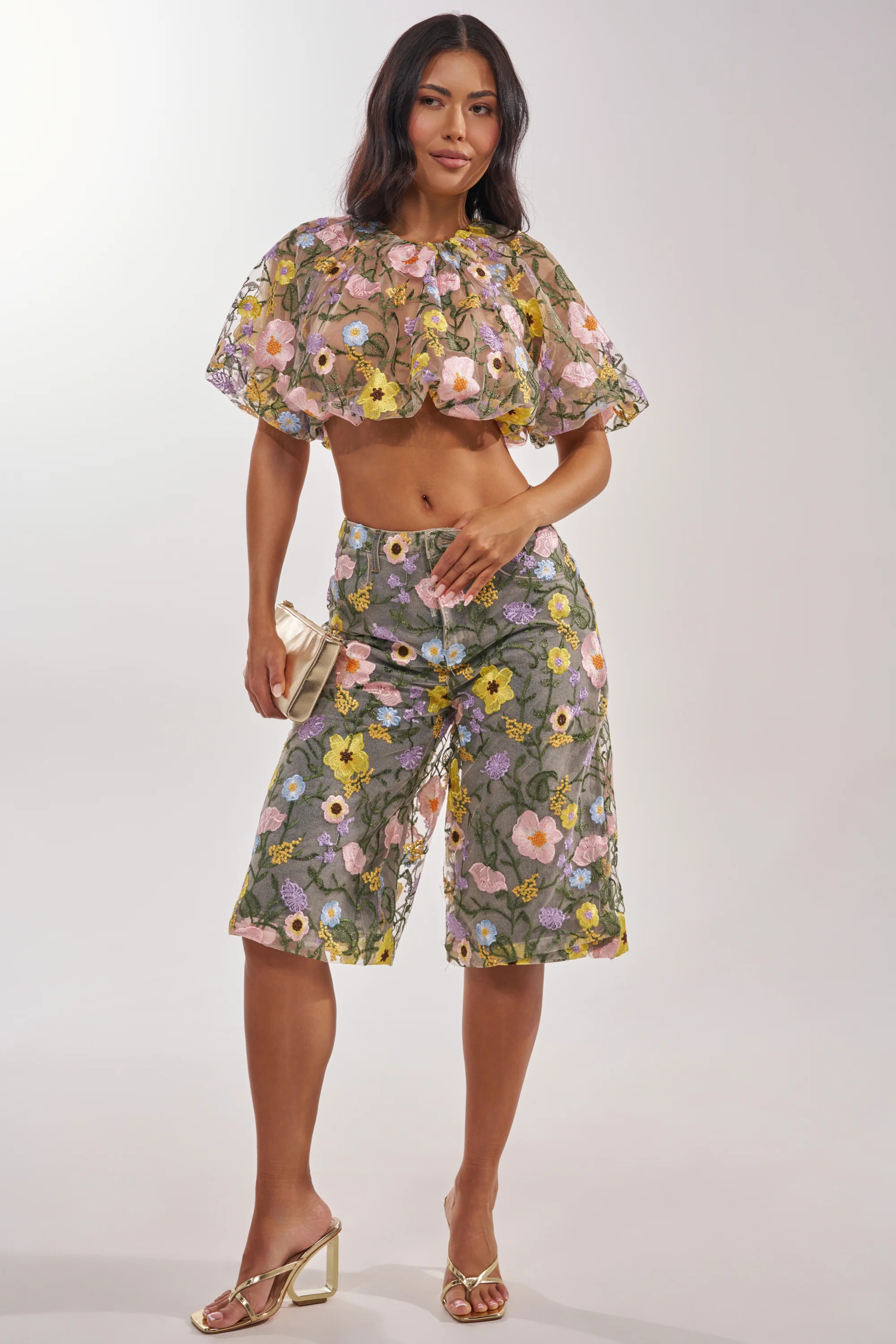 GARDEN PARTY STRETCH DENIM WITH FLORAL TULLE BERMUDA SHORTS | AKIRA