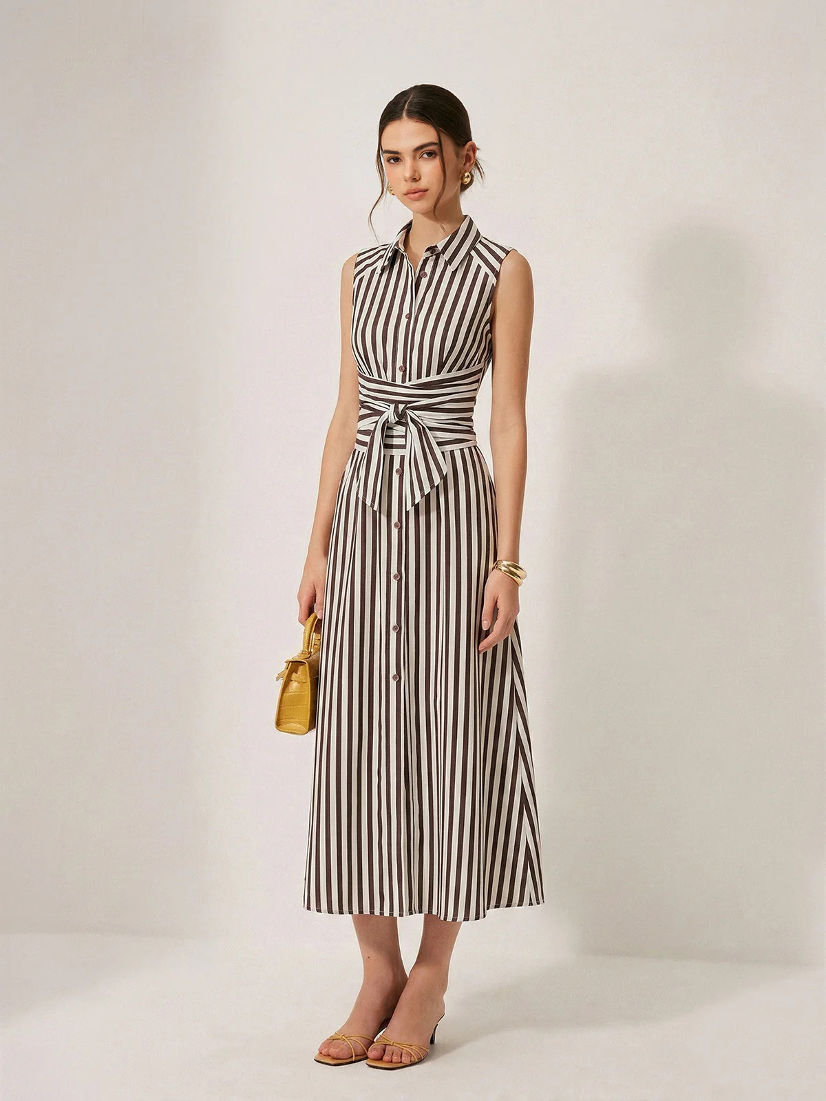 Sleeveless Striped Tie Waist Maxi Dress | Commense