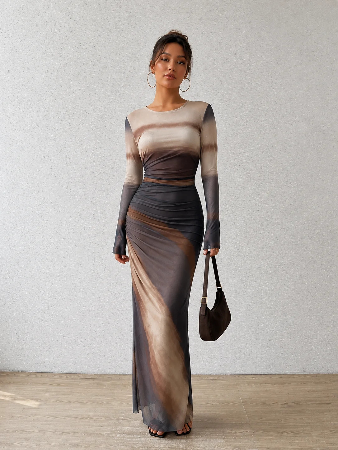 Ombre Long Sleeve Ruched Mesh Maxi Dress | Commense