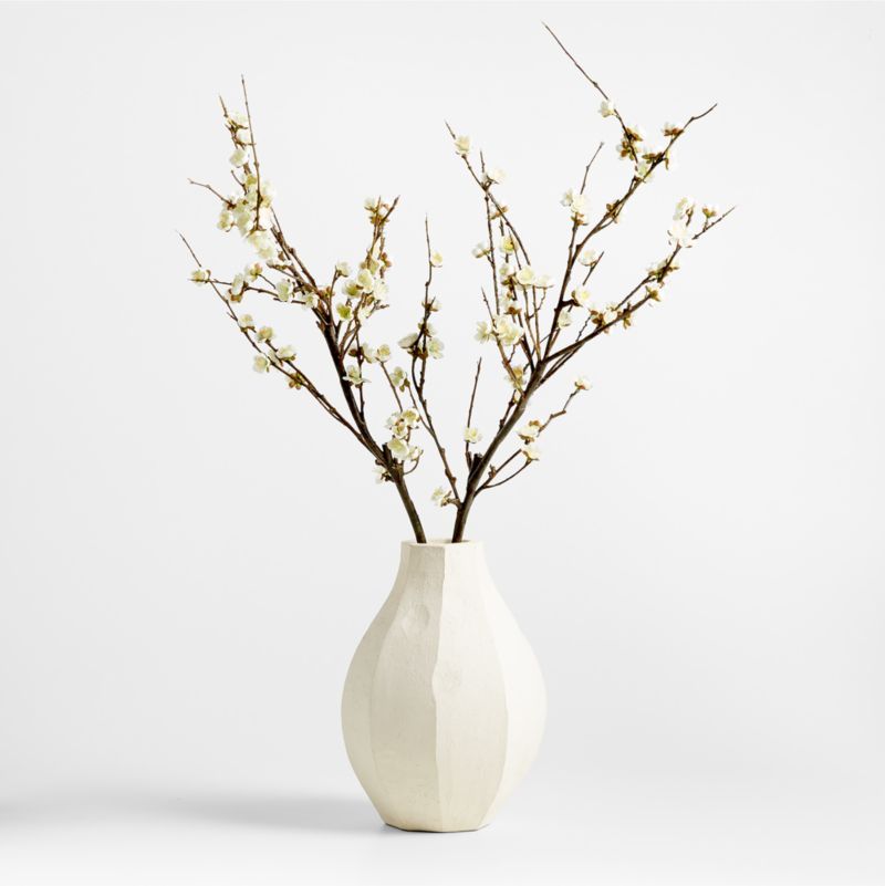 Faux White Cherry Blossom Stem Arrangement in Facette Grande White Vase 11.5" by Athena Calderone... | Crate & Barrel