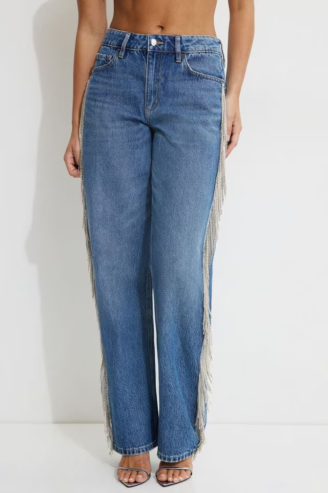 Mika Rhinestone Fringe Relaxed Straight Jeans | Dynamite Clothing