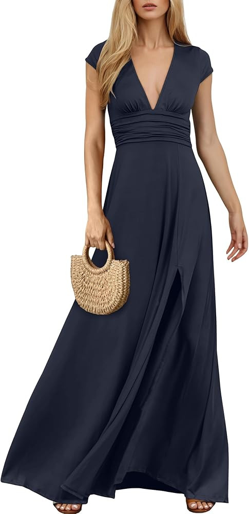 ANRABESS Women's Deep V Neck Short Sleeve Long Dresses Pleated High Waist Slit Club Party Evening... | Amazon (US)