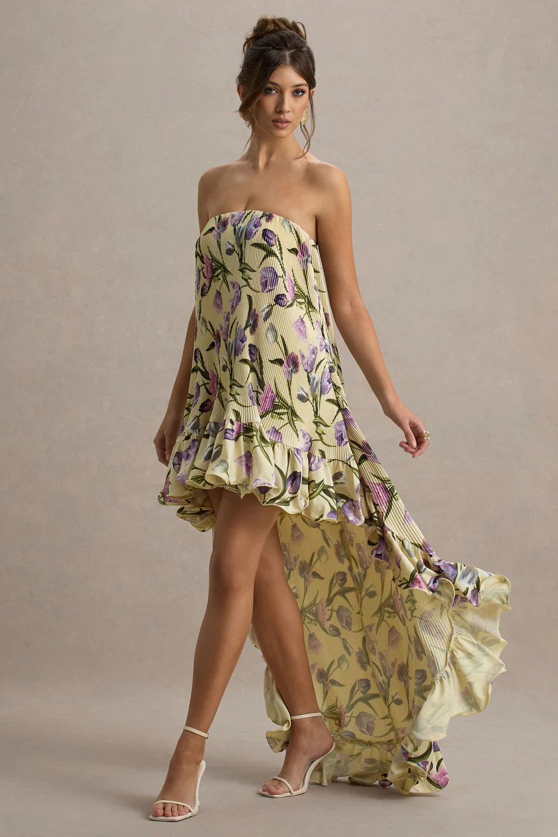 Whistler  Tulip Floral Print Chiffon Bandeau High-Low Ruffled Maxi Dress | Club L London