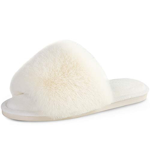 Parlovable Women's Faux Fur Slippers Fuzzy Flat Spa Fluffy Open Toe House Shoes Indoor Outdoor Slip on Memory Foam Slide Sandals Cream 9-10 | Amazon (US)