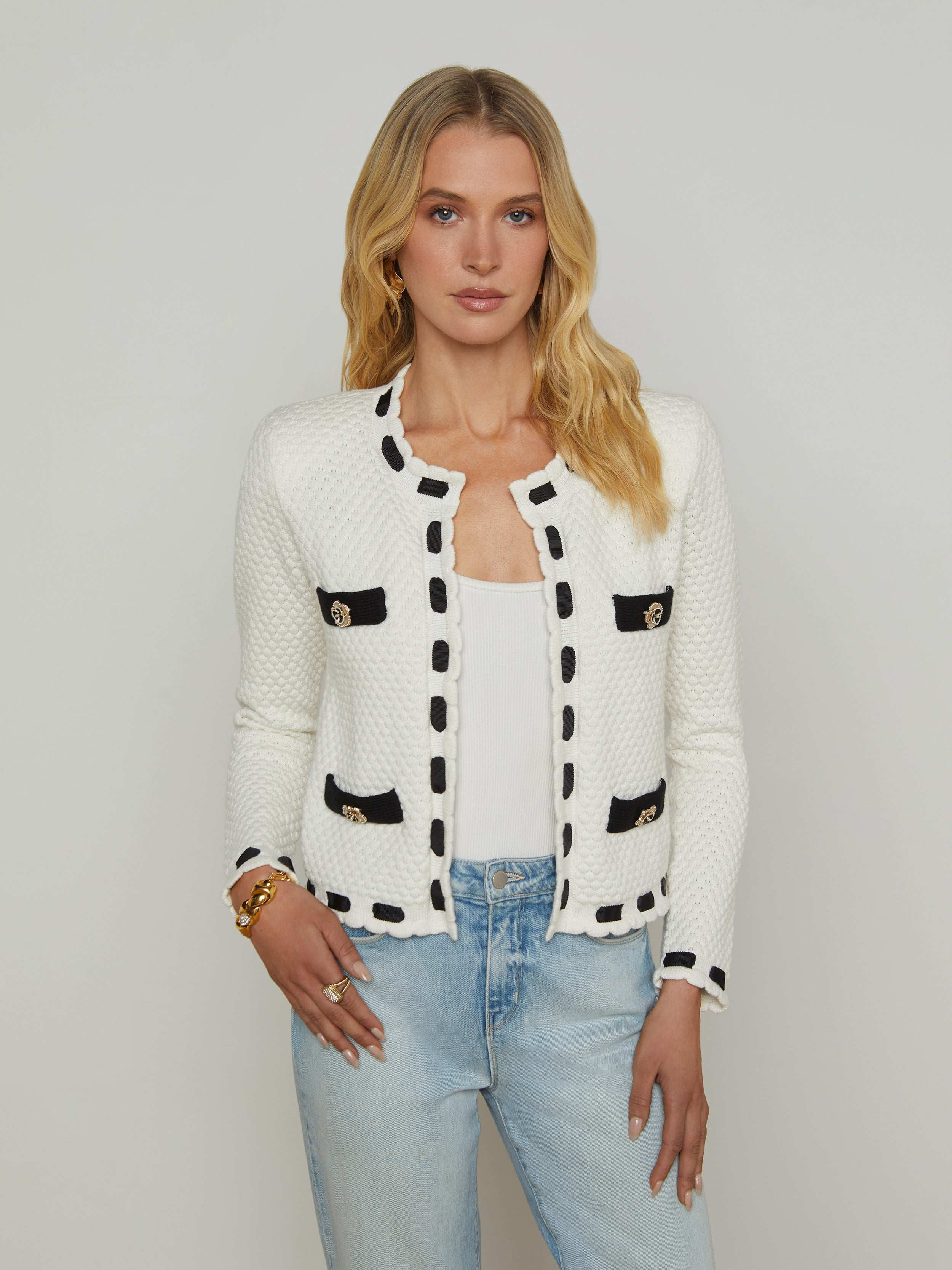 Astor Cardigan in Ivory/Black | L'AGENCE | L'Agence