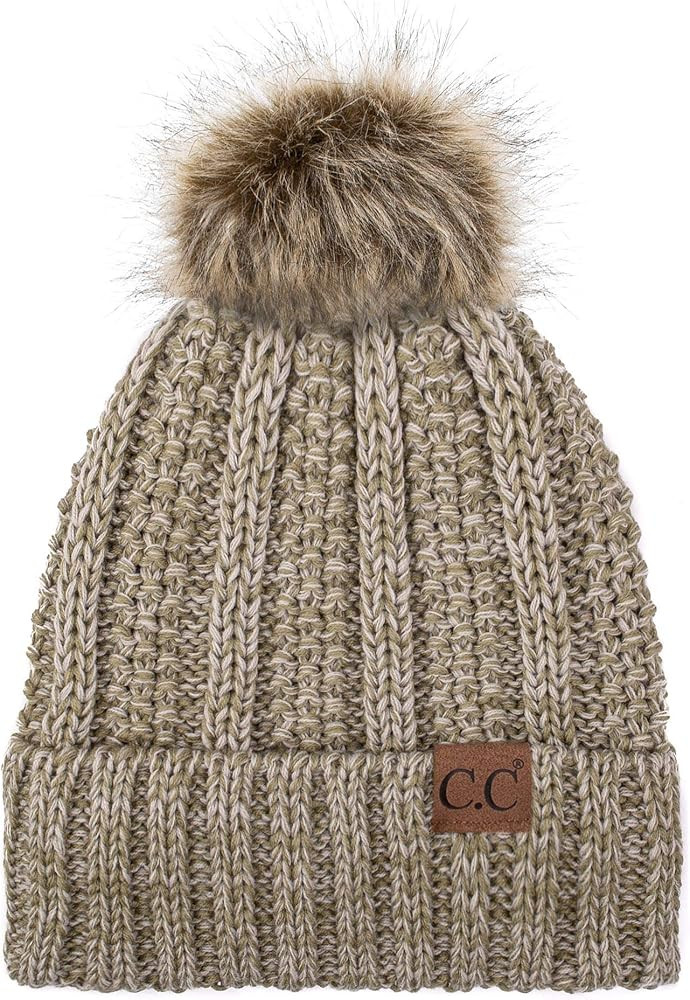 C.C Exclusives Fuzzy Lined Knit Fur Pom Beanie Hat (YJ-820) | Amazon (US)