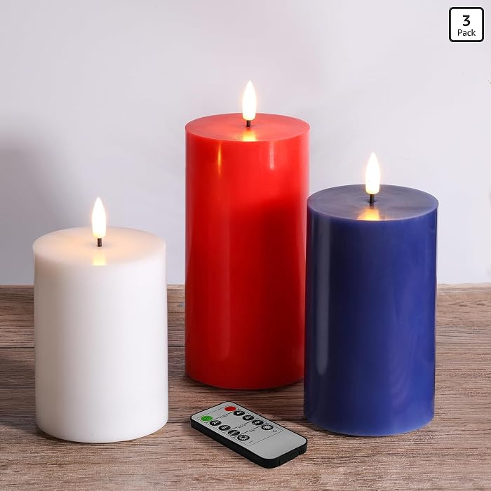 Red White Blue Patriotic Flameless Pillar Candles with Remote, Real Wax 4th of July LED Candles S... | Amazon (US)