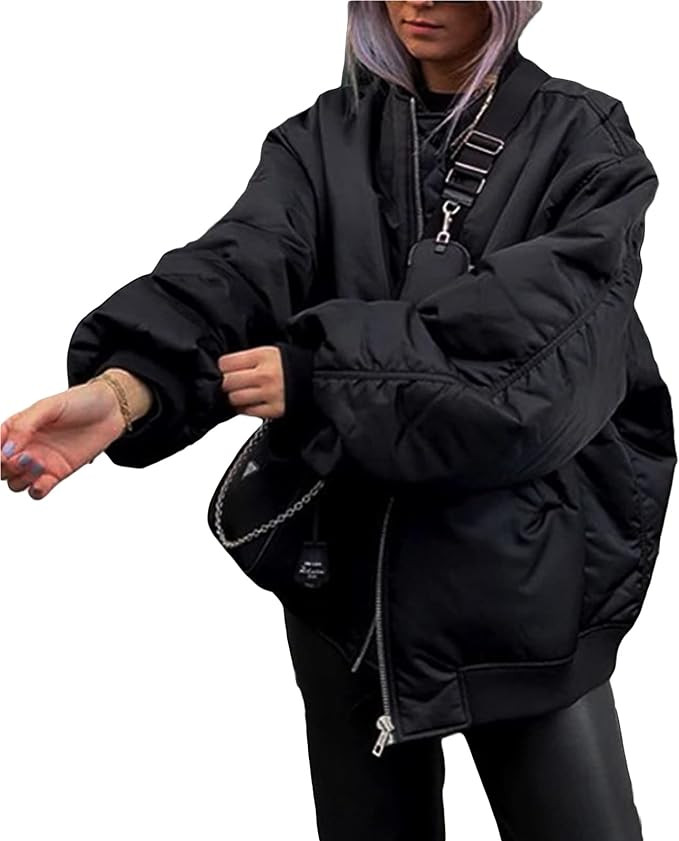 Womens Oversized Y2K Bomber Jacket Casual Boyfriend Baseball Jacket Harajuku Long Sleeve Varsity ... | Amazon (US)