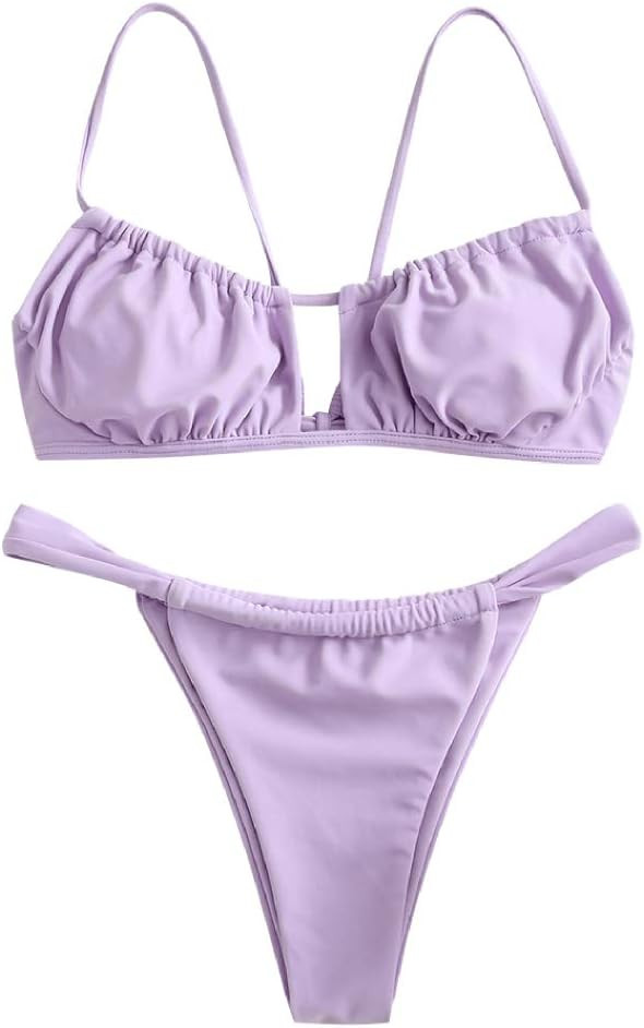 ZAFUL Women's Spaghetti Strap Cutout Keyhole Ruched Tie Cami Bikini Set Swimsuit | Amazon (US)