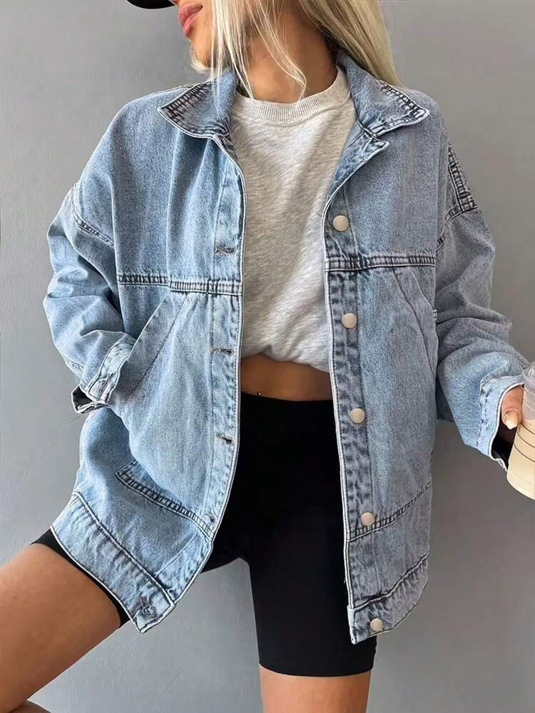 Women's Soft Oversized Denim Jean Jacket, Women's Spring Fashion Light Blue Comfortable Pocketed Outwear, Timeless Light Wash Relaxed Zip-Up Sports Jacket For Daily Layering, Western & Valentine/Christmas/New Years Outfit, Women Curve-Flattering Spring Summer Holiday Gift, Vacation Jacket, Spring Jacket, Summer Jacket, Spring Top, Summer Top, Back To School Clothing, Street Casual Style. Spring & Autumn Women's Winter Jacket Fall For Women Autumn For Women Fall For Women,Spring & Summer Women's Spring Jacket Summer For Women Spring For Women. | SHEIN