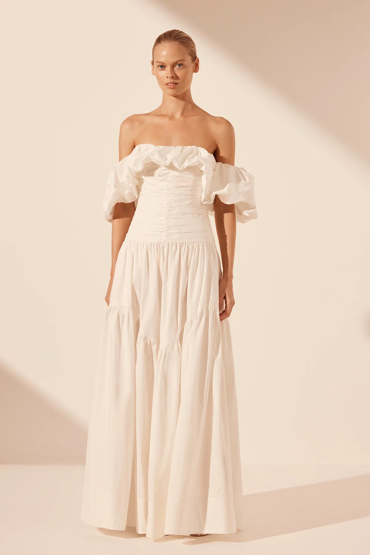 Maiori Off Shoulder Ruched Bodice Maxi Dress | Ivory | Dresses | Shona Joy | Shona Joy