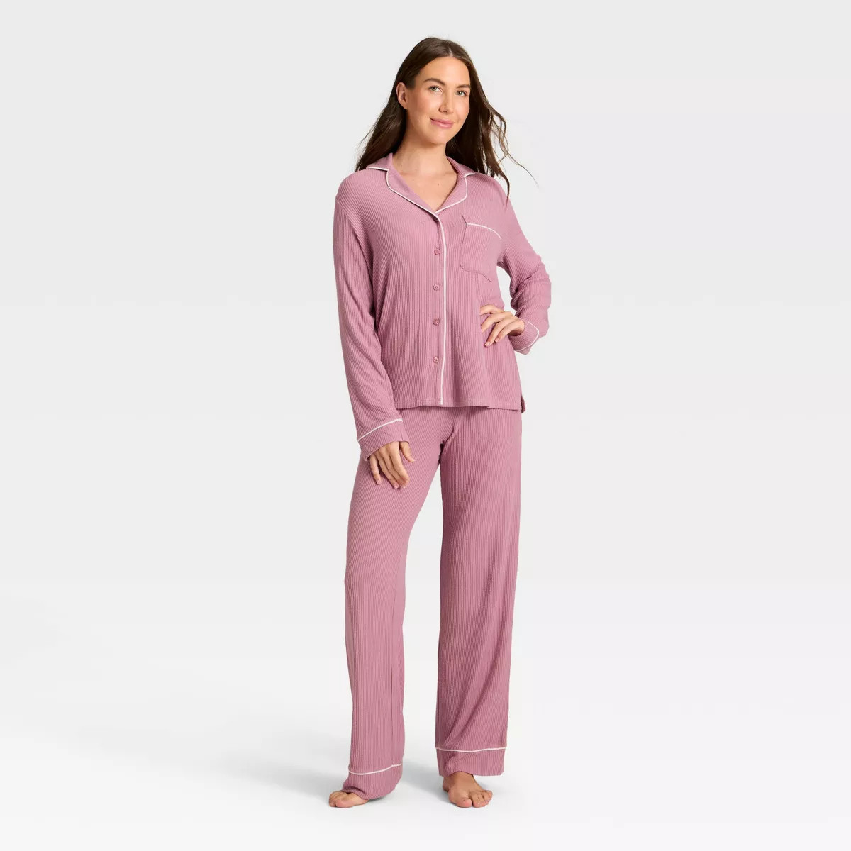 Women's Cozy Ribbed Notch Collar Long Sleeve Shirt and Pants Pajama Set - Auden™ Brown M | Target
