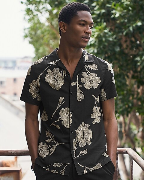 Slim Floral Linen Short Sleeve Shirt | Express