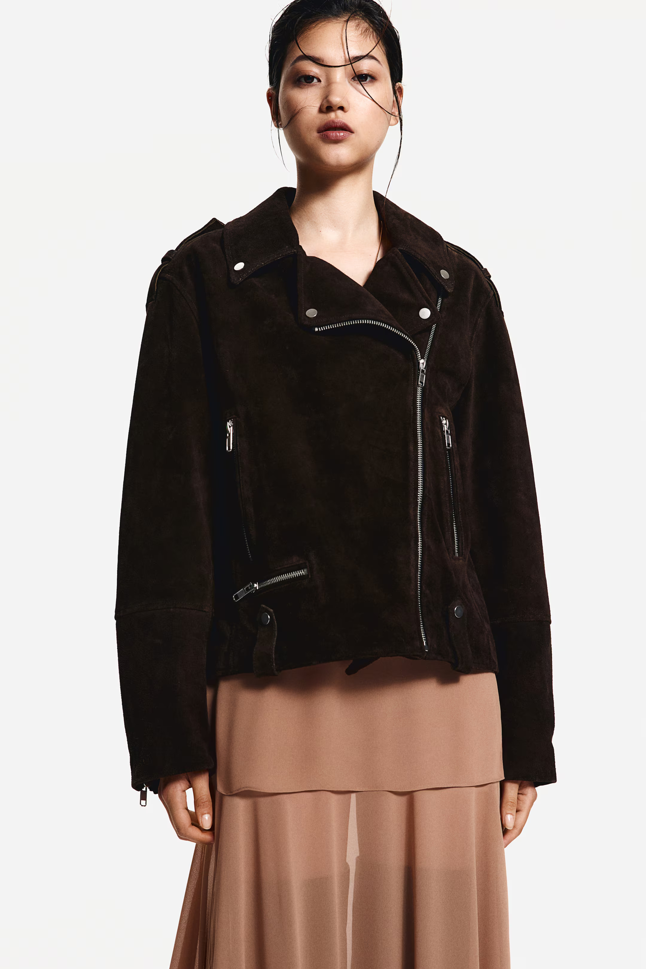 Leather biker jacket - Dark brown - Ladies | H&M GB | H&M (UK, MY, IN, SG, PH, TW, HK)