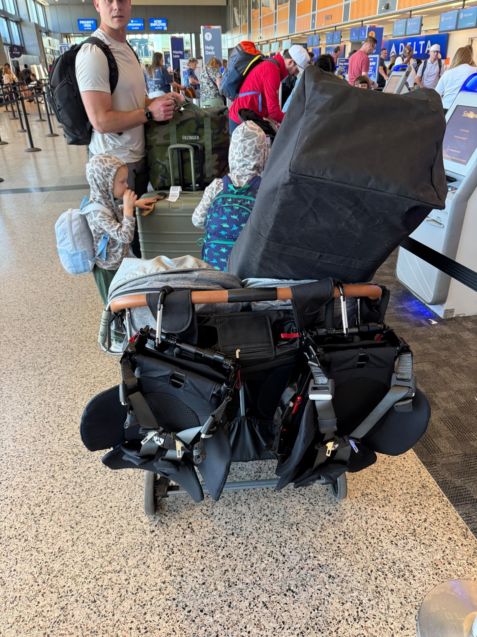 Travel setup with kids. We have it down to a science.  Check all bags + bring diaper bag and camp bag for snacks and misc items on the plane. Gate check stroller. Bring WAYB portable car seats on the plane and strap those wild kids in🤪 

Travel hacks, travel with kids, toddler travel, kids airport, kids plane toys, kids plane setup 

#LTKBaby #LTKKids #LTKTravel