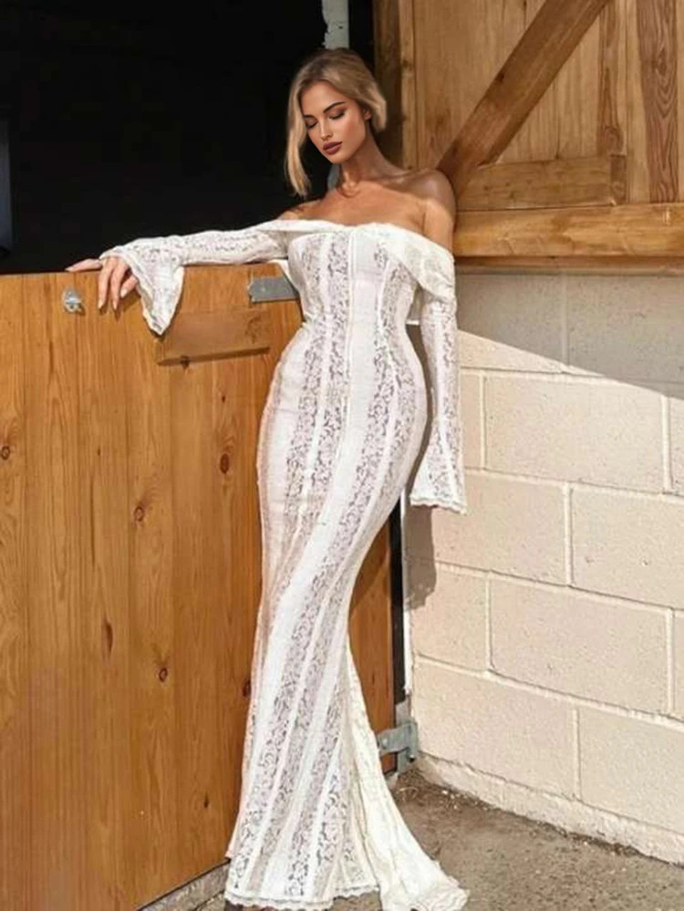 Women's Off-Shoulder White Lace Maxi Dress, Elegant Long Flare Sleeve, Fitted Mermaid Silhouette, Romantic & Sophisticated, Suitable For Weddings, Formal Events And Special Occasions, Autumn/Winter | SHEIN