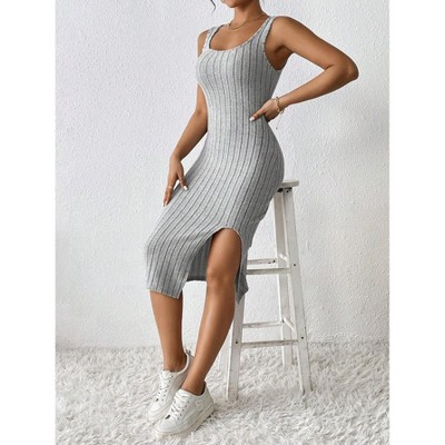 Women Ribbed Knit Bodycon Midi Dress Sleeveless Square Neck Tank Dress with Side Slit, Grey, L | Target