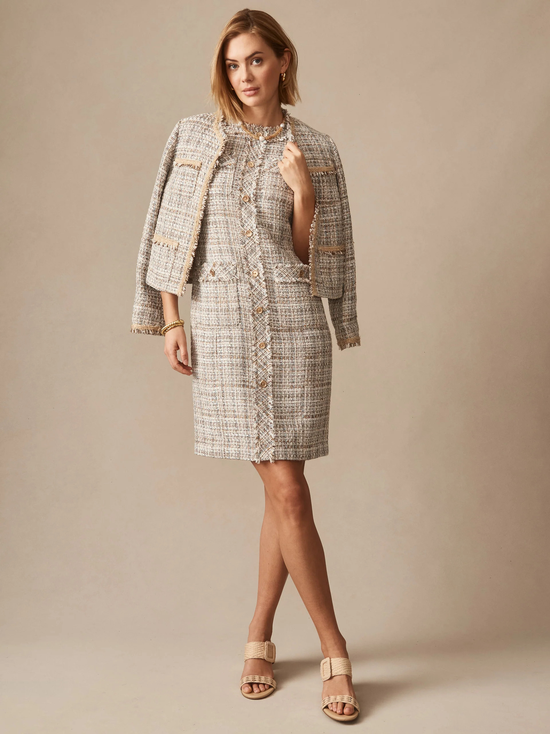 J.McLaughlin Women's Regina Tweed Dress Taupe/Off White, Size 2 | J.McLaughlin