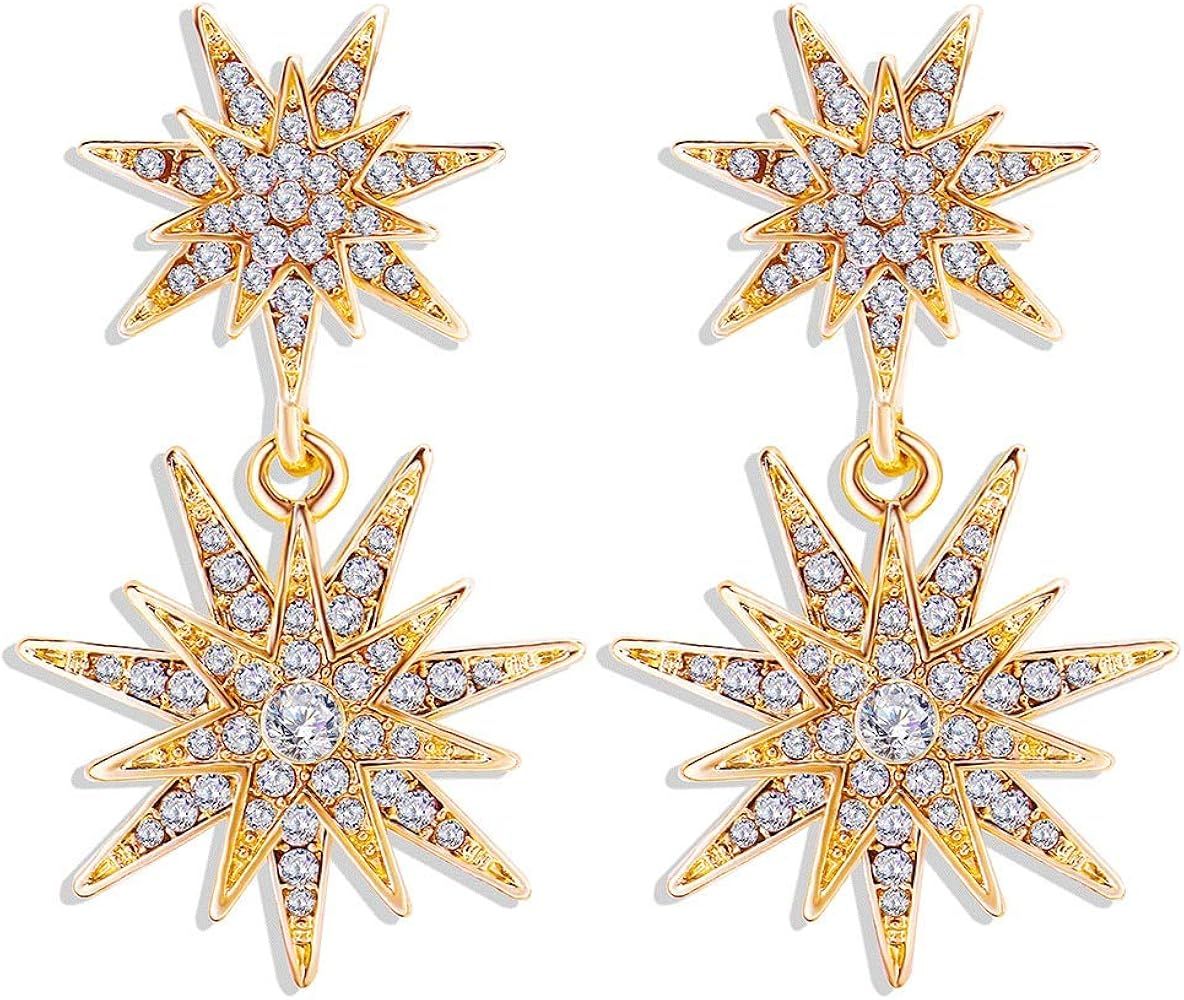 CZ Starburst Dangle Drop Earrings Crystal Hexagram Star Stud Statement Dangle Earrings Wedding Earri | Amazon (US)