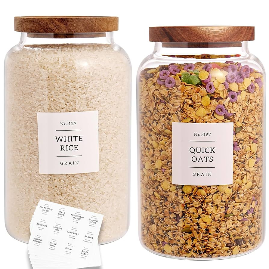 Set of 2 Large Glass Jar with Airtight Acacia Lid and 132 Kitchen Pantry Labels, Clear Glass Food... | Amazon (US)