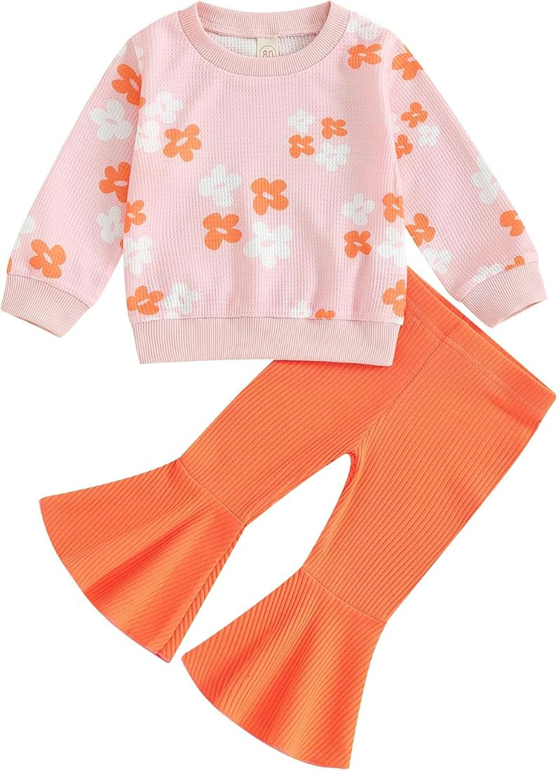 DSORVICD Toddler Girl Fall Clothes Floral Knit Crewneck Sweatshirts Flare Pants Set Bell-Bottoms ... | Amazon (US)