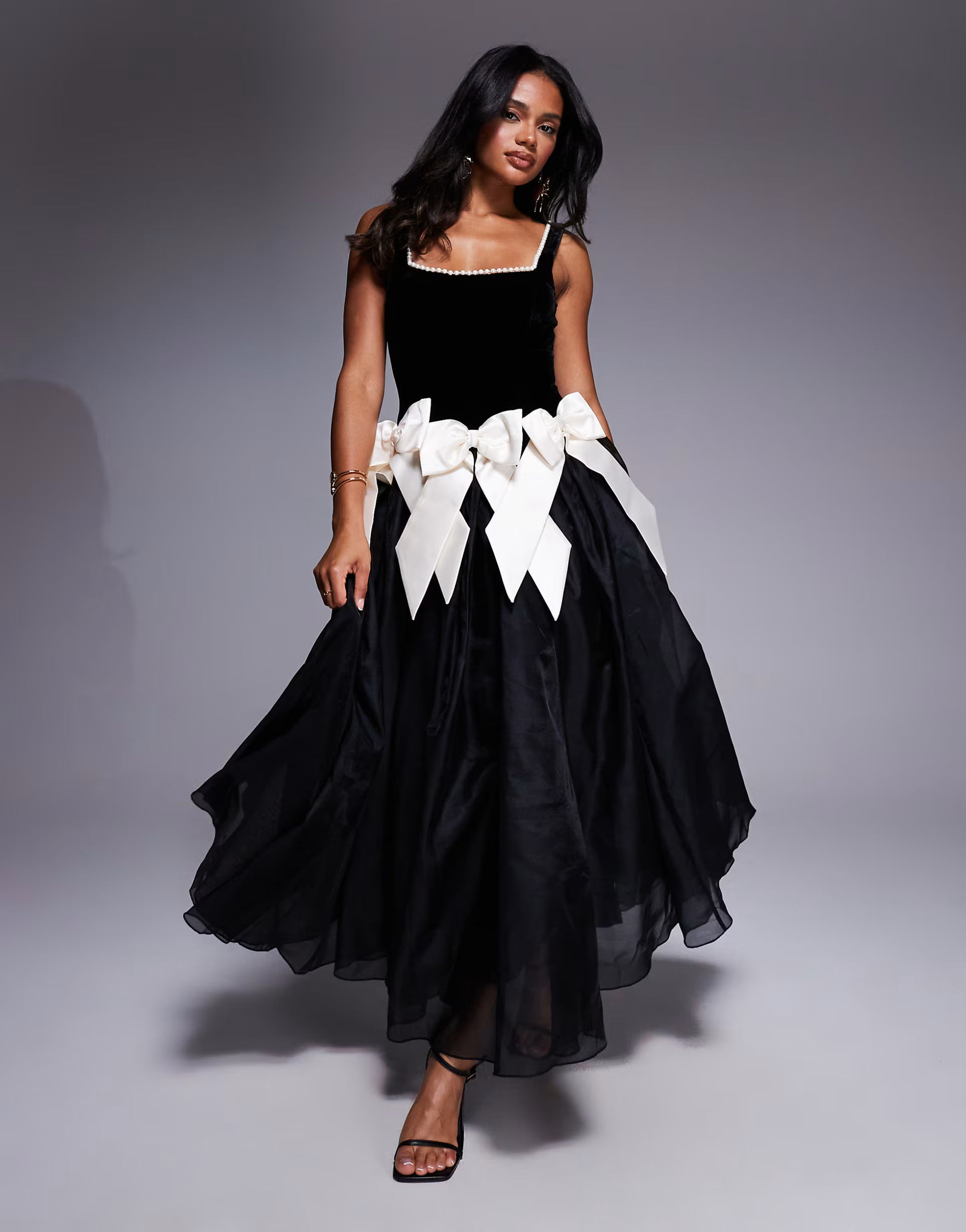 ASOS LUXE velvet maxi dress with pearl embellished neckline in black | ASOS (Global)