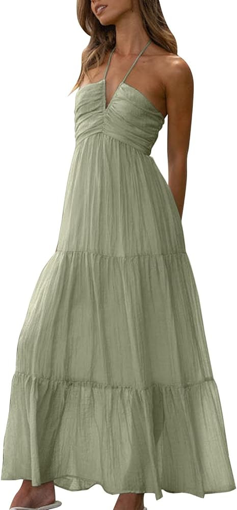 Women Sexy Sleeveless Halter Neck Maxi Dress Backless Ruffle Hem Tiered Flowy Long Dress Summer L... | Amazon (US)