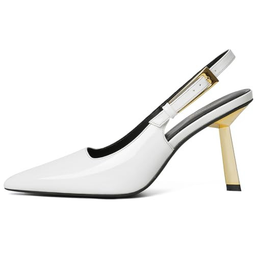 RIBONGZ White Slingback Heels for Womens Stiletto High Heels Closed Toe Pointed Pumps Sexy Heeled Wedding Bride Prom Party Evening Dressy White Shoes 9 | Amazon (US)