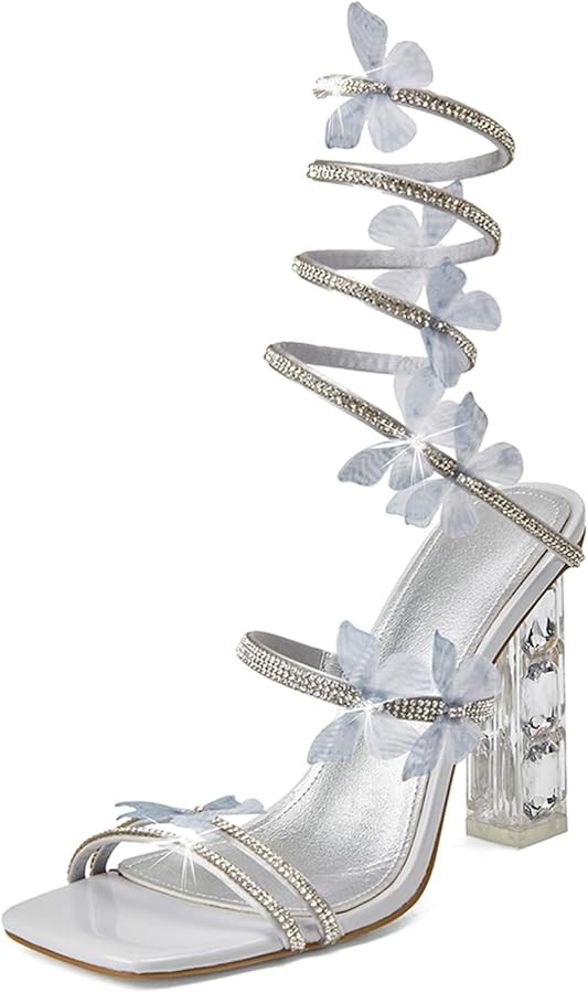 Women's Rhinestone Crystal Butterfly High Heels Stylish Open Square Toe Spiral Ankle Strap Dress ... | Amazon (US)
