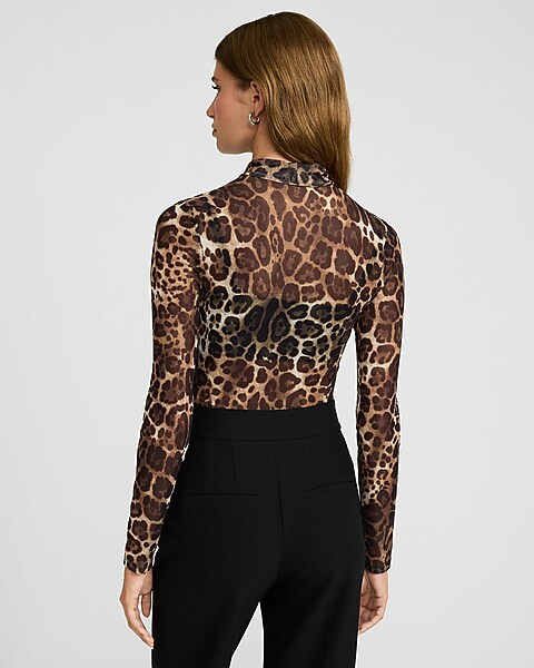 Mesh Leopard Mock Neck Long Sleeve Bodysuit | Express