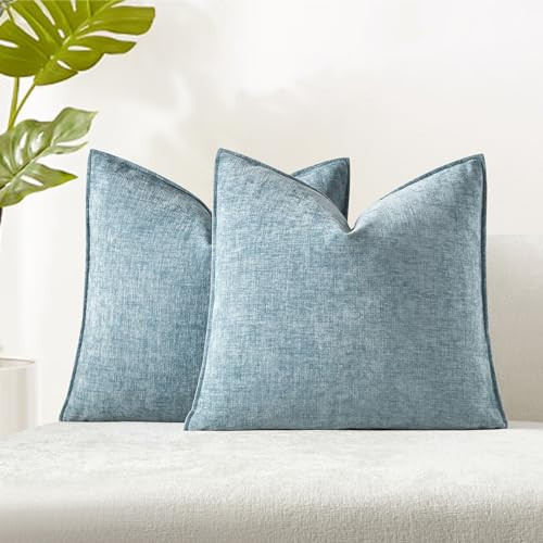 JUSPURBET Set of 2 Light Blue Chenille Throw Pillow Covers 26x26 Inch Soft Textured Decorative Cushion Cases for Couch Sofa Bed Solid Home Decor Pillowcases | Amazon (US)