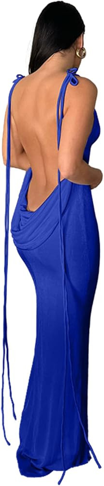 JUMISEE Women Sexy Backless Draped Maxi Dress Elegant Sleeveless Spaghetti Strap Evening Dress Lo... | Amazon (US)