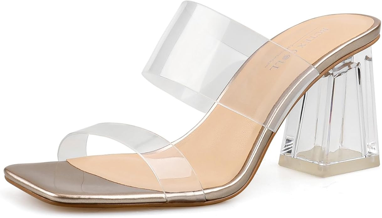 BCTEX COLL Women's Clear Heeled Sandals Transparent Two Strap Square Toe Slip On Chunky Block Hee... | Amazon (US)