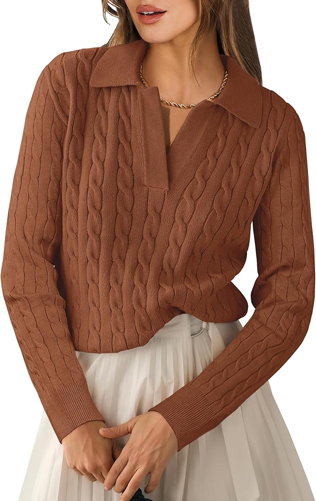ANRABESS Womens Cable Knit Sweaters Long Sleeve V Neck Sweater Tops Casual Pullover Polo Shirts 2... | Amazon (US)