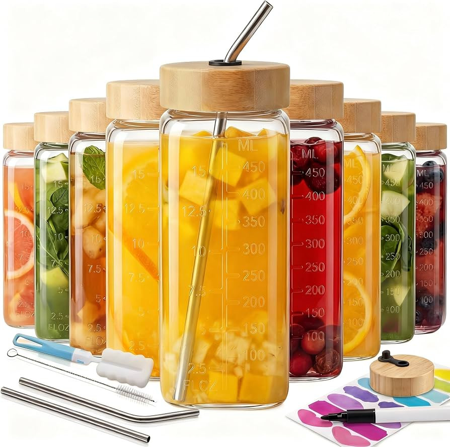 16oz Square Glass Juice Bottles with Lids, 9 Pack Reusable Juice Containers with Bamboo Lids, Gla... | Amazon (US)