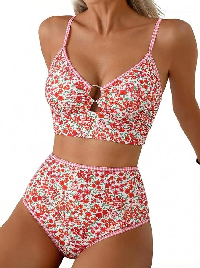 Women's O Ring Bikini Sets 2 Pieces Floral Print Swimsuits High Waisted Bathing Suits | Amazon (US)
