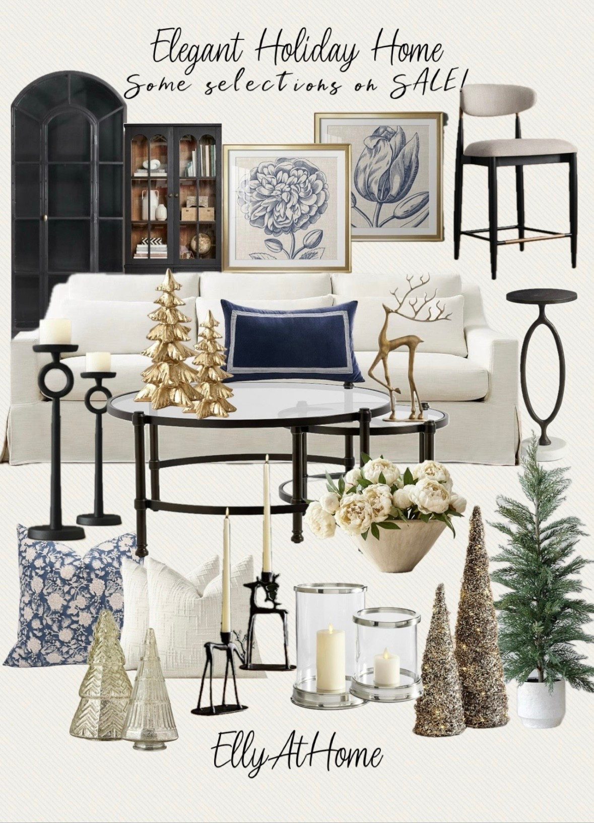Elegant holiday, Christmas home style.  Many selections on sales! featuring black accent furniture, decor, holiday, Christmas decor, trees, blue throw pillows, white cozy throws, neutral sofas, black display cabinets, glass coffee tables. Pottery Barn, Wayfair, Amazon, Crate & Barrel. Walmart. 

#LTKFindsUnder50 #LTKHome #LTKSaleAlert