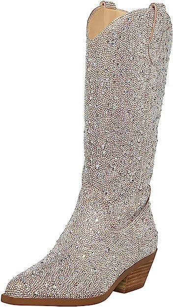 MUCCCUTE Women's Rhinestone Cowboy Boots Cowgirl Western Boots Sparkly Pointed Toe Side Zipper Kn... | Amazon (US)