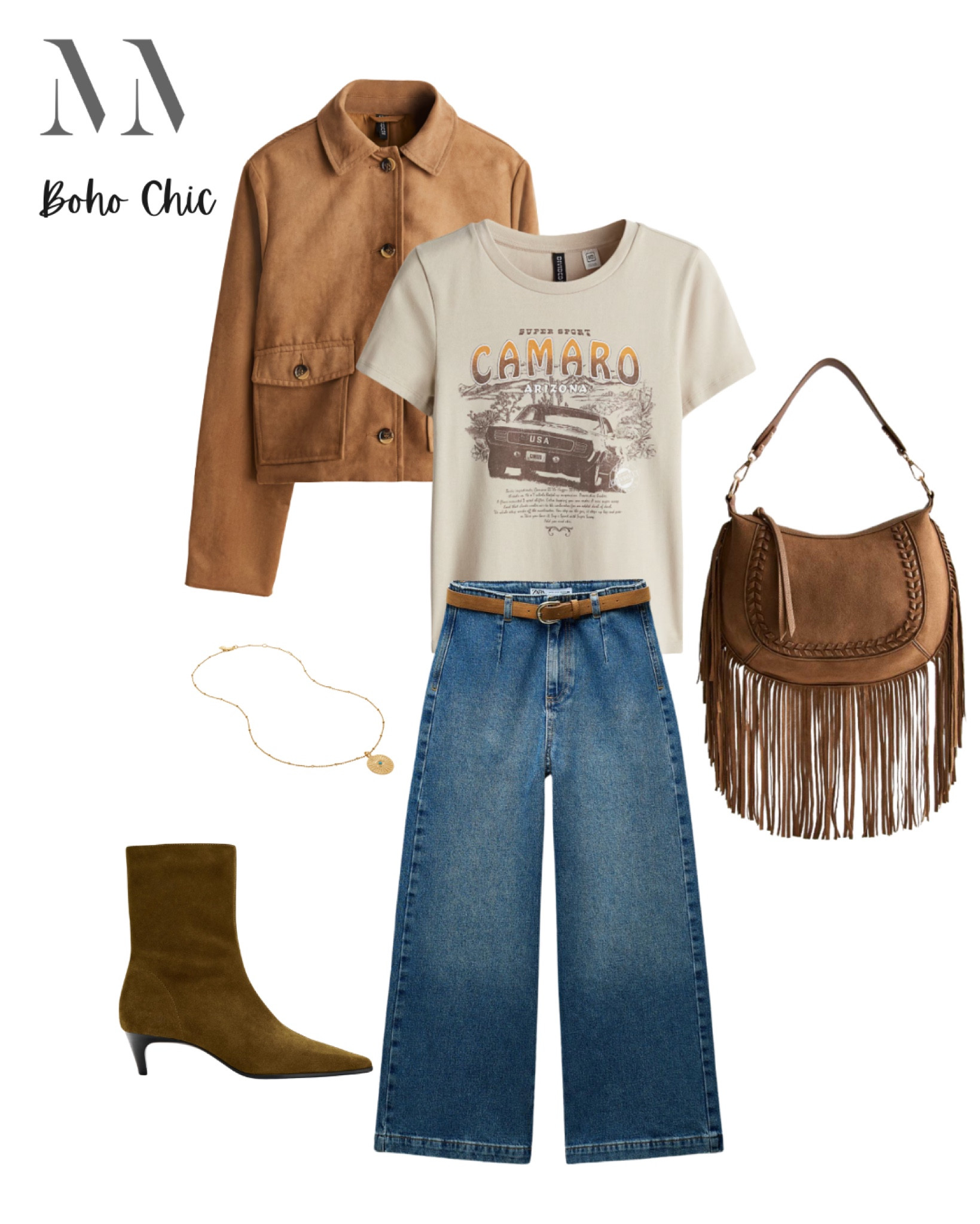 The 70’s influence is everywhere with warm tan tones and retro details. Cropped suede jacket, vintage graphic tee and wide leg jeans give a relaxed vibe. Complete the look with a fringed bag and ankle boots. 

#LTKspring #LTKuk #LTKmidsize