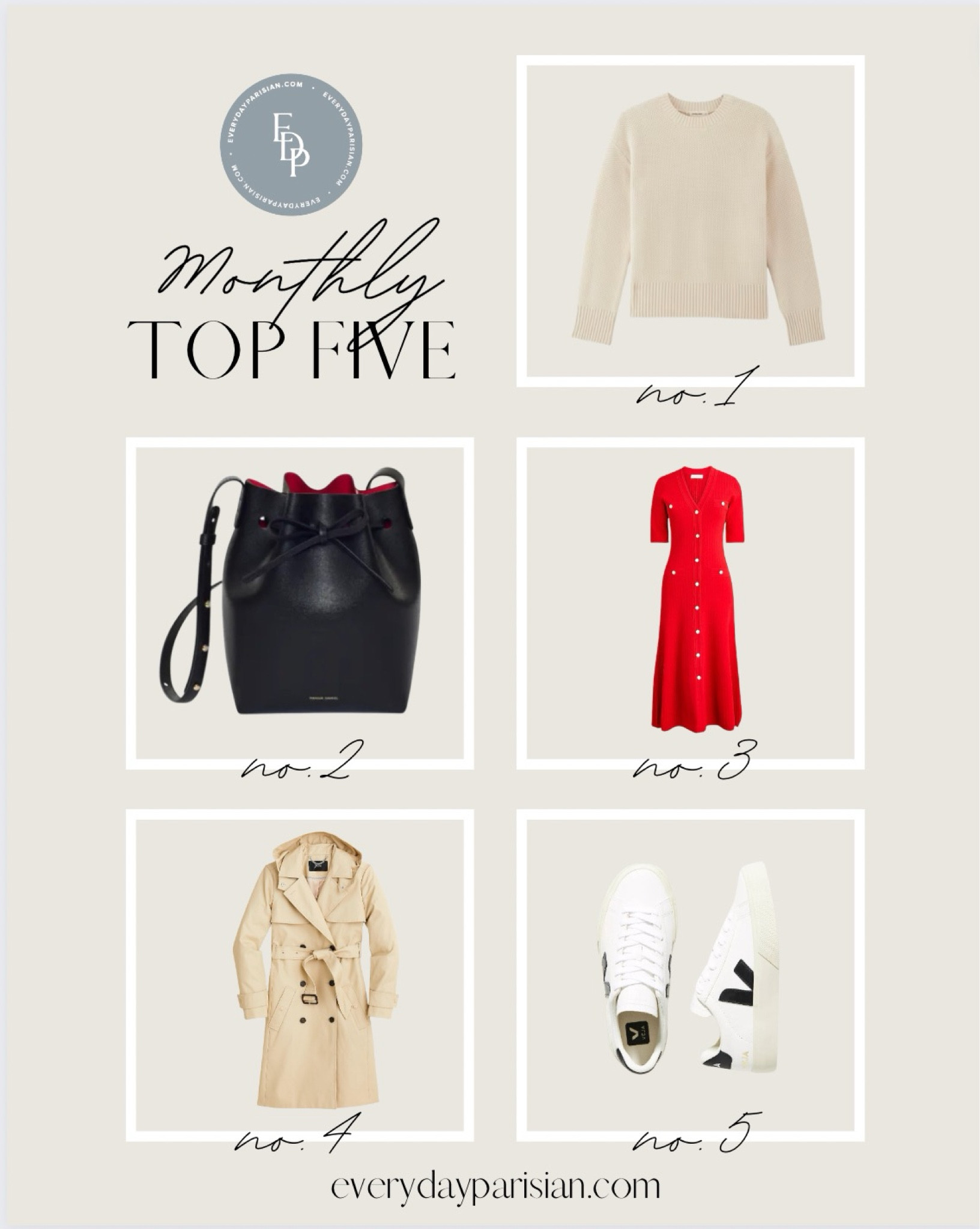 This months best sellers include a black bucket bag, jcrew trench coat, read dress from jcrew and Vejas sneakers. 

#LTKover40